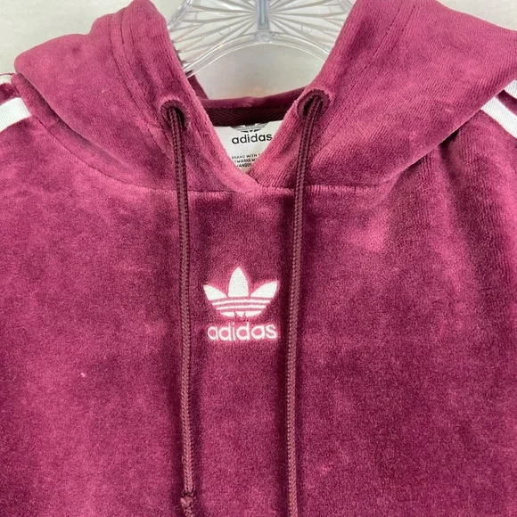adidas Originals Cropped Velour Hoodie in Maroon/Burgundy Sz S - Picture 3 of 12